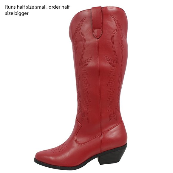 Dark Red Faux Leather Stitching Cowboy Knee High Boots - Picture 2 of 5